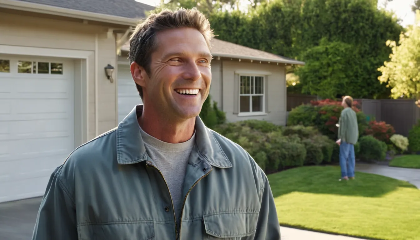 A homeowner in Sayreville talking with a garage door provider beside a half-open garage door