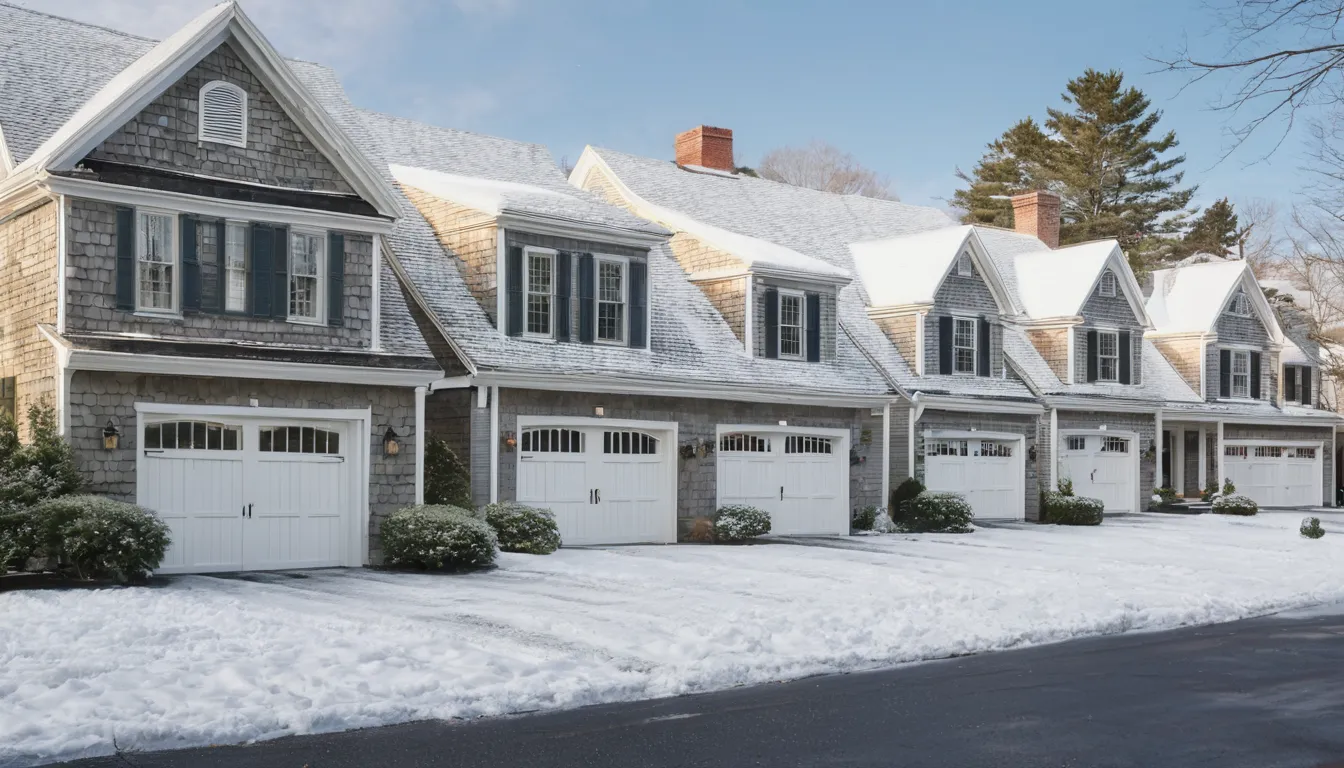 Homes with garage doors across the Sayreville area on a snowy winter morning
